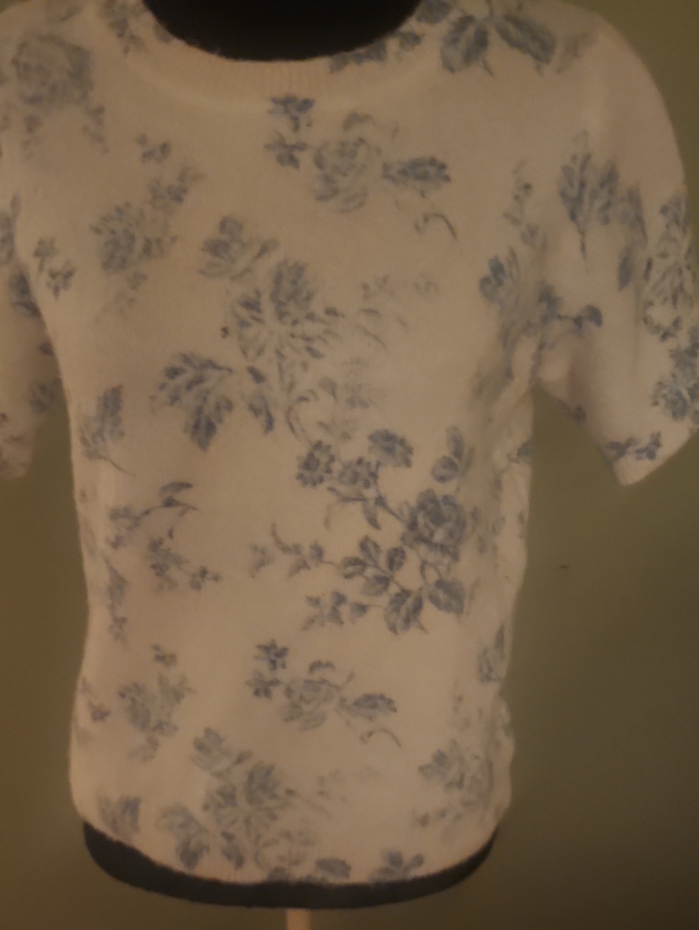 Laura Ashley White Knit Top with Blue Floral Motif